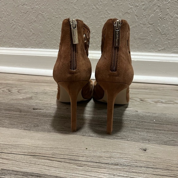 BCBG Camel Suede Peep Toe Ankle Heels - Picture 4 of 5